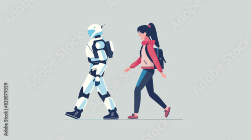 Human and android walking together flat vector illustration
