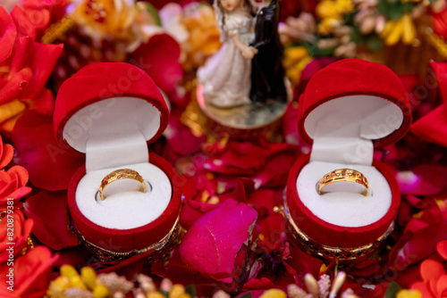 Indian Hindu Tradition Culture Engagement rings shoot, Detailed closeup shot of engagement rings, designer ring platter,  photo