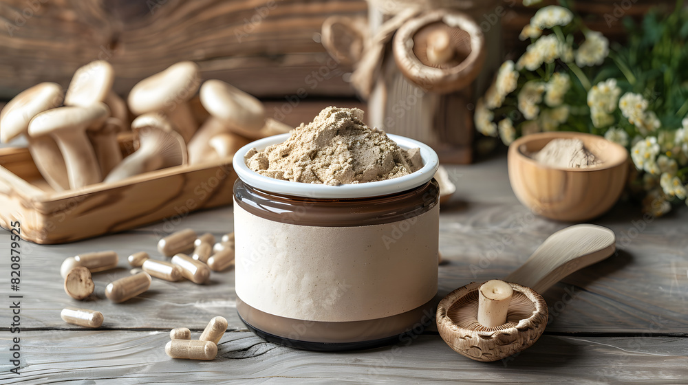 A product shot of a mushroom supplement powder in a tub with a blank label AI