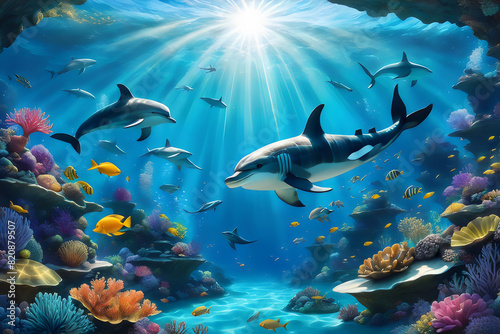 a painting of sharks and other fish in a tank with the sun shining through the water. © zone