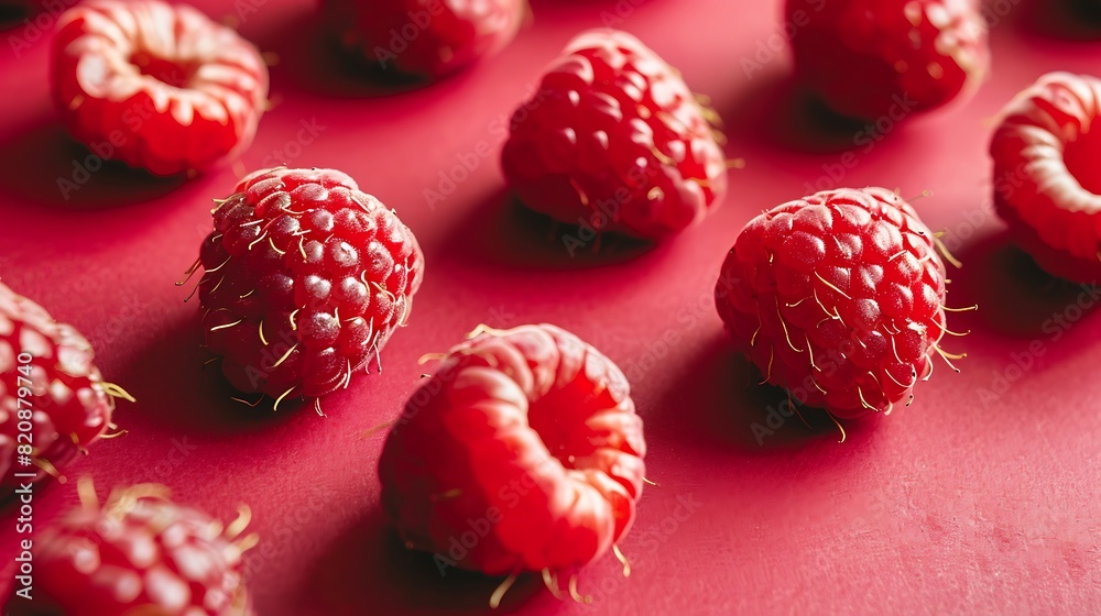 A scattering of ripe red raspberries isolated on a red background A scattering of ripe red raspberries isolated on a red background