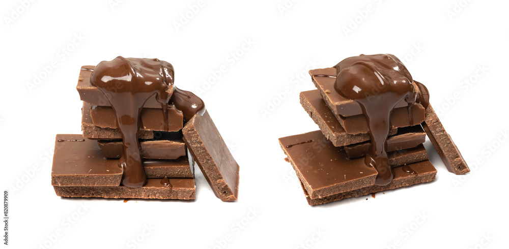 Broken chocolate bar stack, isolated. Milk chocolate square pieces, melted cubes, small bloks pile, choco Broken chocolate bar stack, isolated. Milk chocolate square pieces, melted cubes, small bloks pile, choco