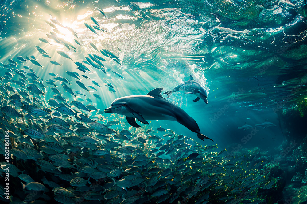 Fototapeta premium Two dolphins swimming in a school of fish