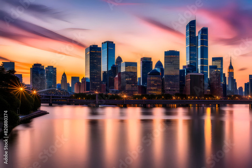 a city skyline with a colorful sunset in the background. © zone