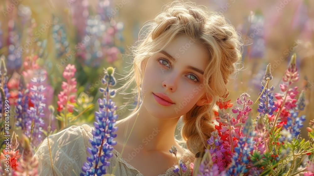 Cheerful female model with blond hair and braided hair, posing in a flower field, against a background of beautiful flowers.