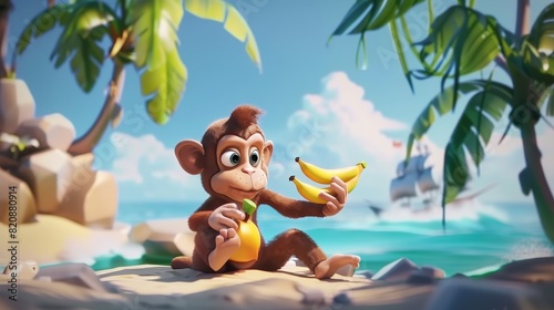 With palm trees and bananas on the beach, a monkey holds a banana