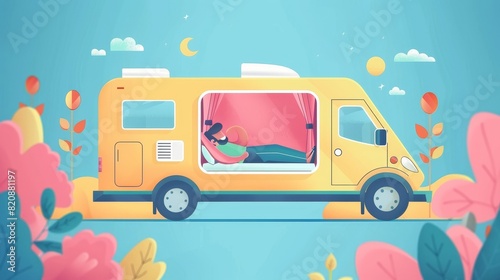 This banner shows a man getting up in his bed in a camper at morning. An illustration of rest in a minibus for a trip and vacation. © Mark