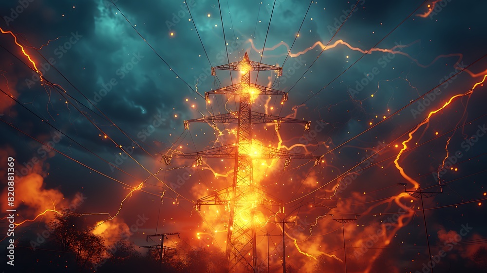 High voltage tower with lightning background power of energy concept copy space
