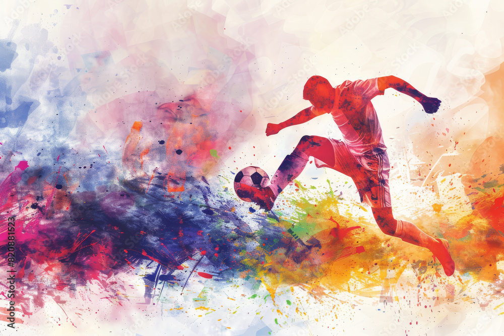 Naklejka premium Footballer kicking ball in explosive colorful abstract composition