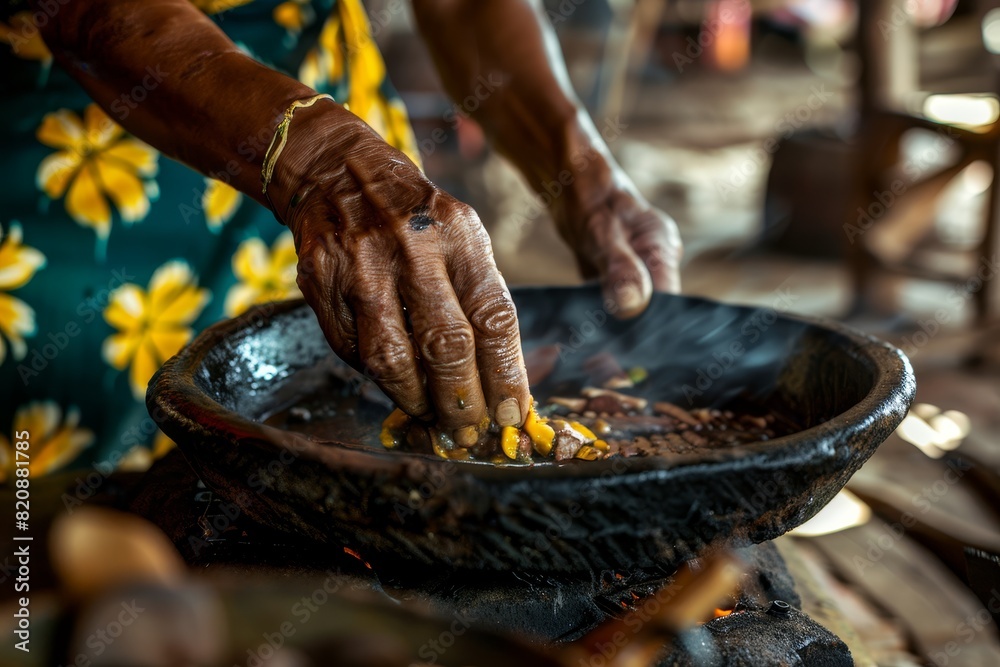 Fototapeta premium Traditional Cooking with Hands Over Hot Stone