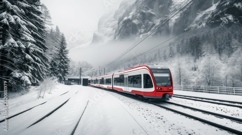 Red train travels in a valley covered by heavy snow in background on a sunny winter day