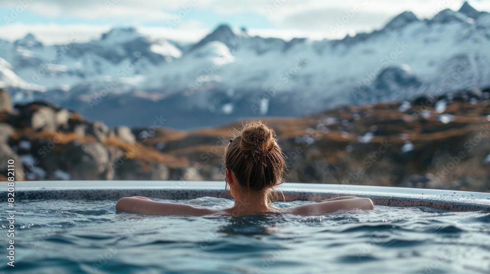 Fototapeta premium Portrait of young carefree happy woman relaxing at hot tub during enjoying happy traveling moment vacation