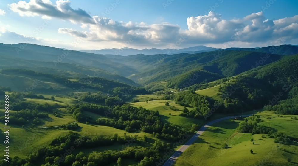 Top view from drone of rural road mountains forest