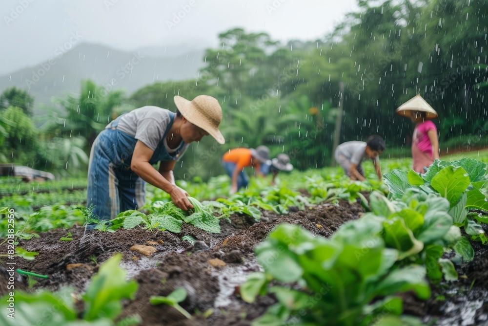 Fototapeta premium Family Harvesting Organic Vegetables in the Rain