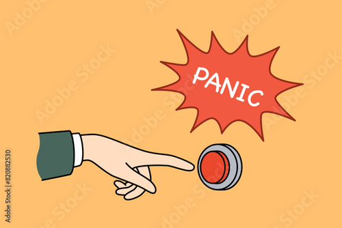 Panic button near person hand, for concept of importance of motivation and taking antidepressants. Metaphor for onset of panic attack caused by lack of help from professional psychotherapist.