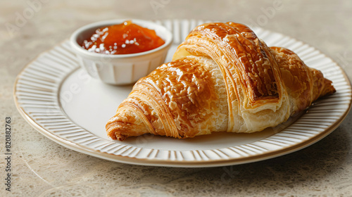 Tasty croissant with delicious apricot jam on plate