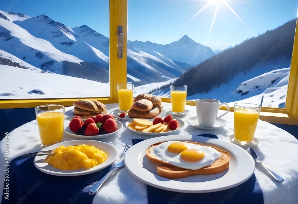 Fototapeta premium Romantic realistic breakfast in the open snow also snowy mountain view with food and camping in nature, hotel without people