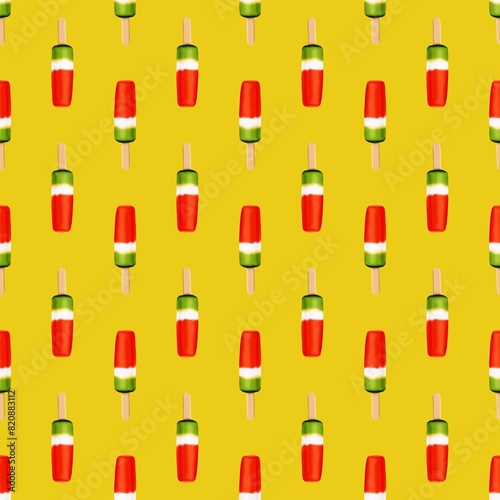 Testy bright seamless ice cream pattern on yellow background. Colorful background.