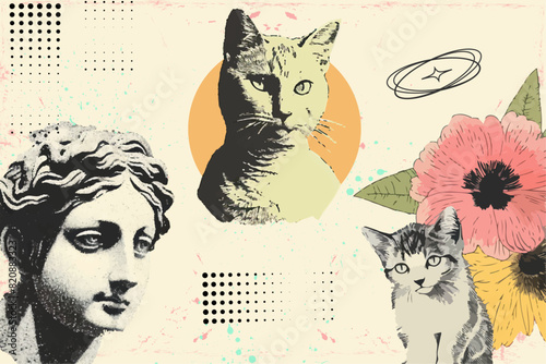 Antique aesthetics statues and cats in sunglasses. With monochrome vintage photocopy effect, y2k collage. Stipple halftone retro design elements. Vector illustration for grunge punk surreal poster. 