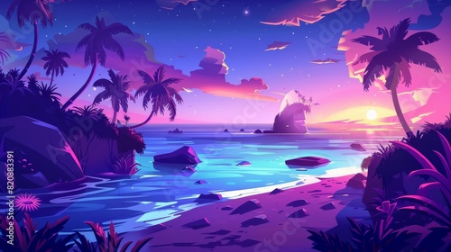 An illustration of a road  a sea shore with grass  flowers and mountains at night  along with palm trees and rocks in the water. Modern illustration of a tropical landscape at night with a highway 