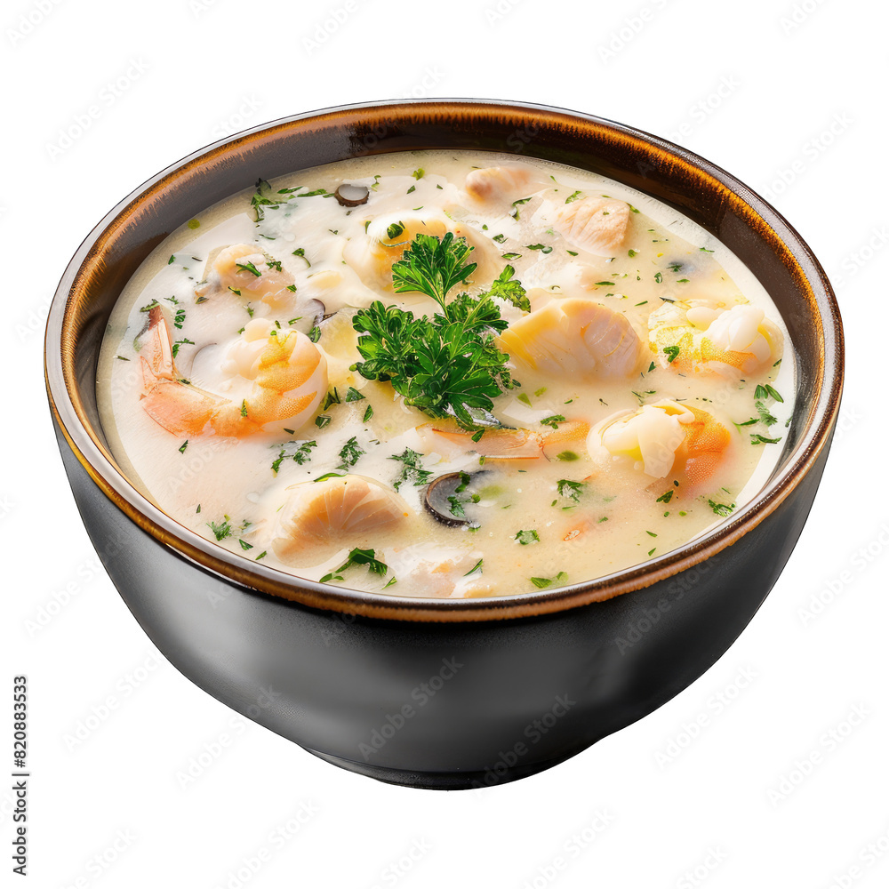 Seafood cream soup in a bowl isolated on white background Seafood cream soup in a bowl isolated on white background