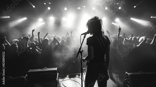 A monochrome black and white shot of a rock performer singing intensely on stage with a blurred drummer in the background, showcasing the energy of live music © Mattes
