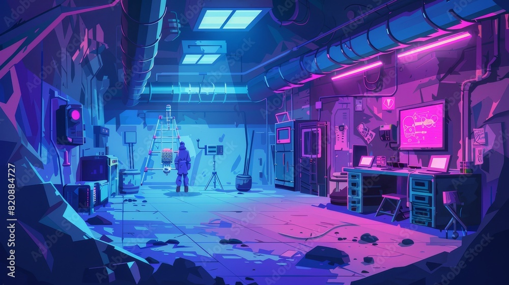 Illustration of scientist on alien planet surface with drilling rig within a hangar. Modern cartoon fantasy illustration of cosmos investigation with empty lab interior and man explorer standing Illustration of scientist on alien planet surface with drilling rig within a hangar. Modern cartoon fantasy illustration of cosmos investigation with empty lab interior and man explorer standing