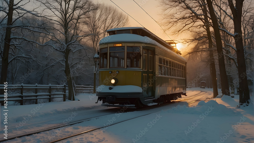 A historic yellow tram moves through a snow-covered landscape in the soft light of dusk