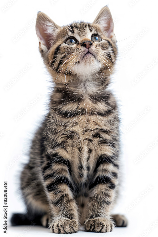 Cute American Shorthair Tabby Cat cute pose sitting raising one hand paw isolated on white background created with Generative AI Technology
