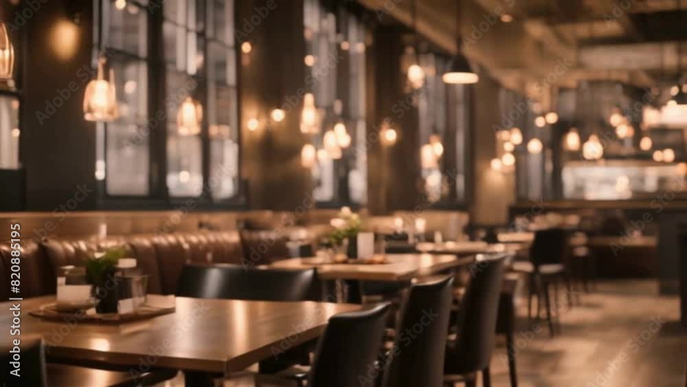 Empty Modern Restaurant Interior with Dark Walls and Warm Lighting