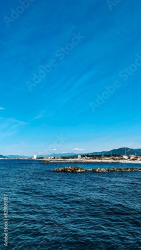 sea, reef, mountains, blue sky, pier, beach, rocks