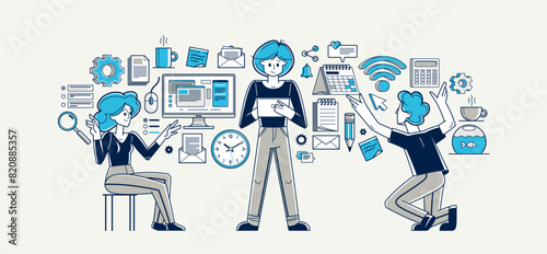 Team doing office work vector outline illustration, career in company for employees, teamwork business and paperwork, office workers.