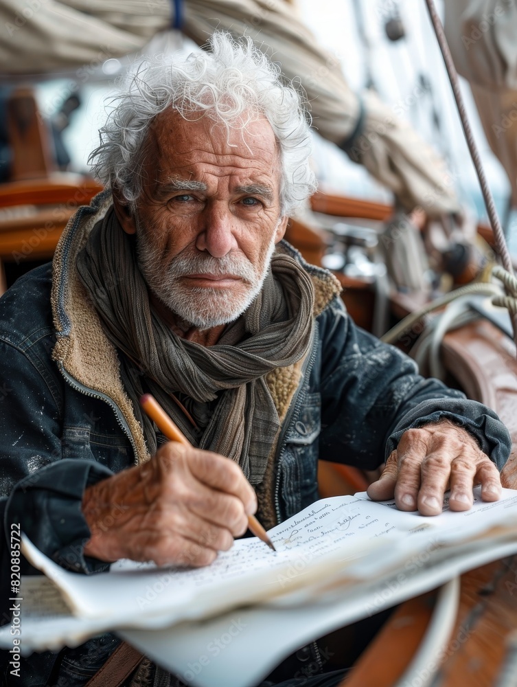 An elderly gentleman sits in a traditional library, penning a wedding invite amidst a sea of books An elderly gentleman sits in a traditional library, penning a wedding invite amidst a sea of books