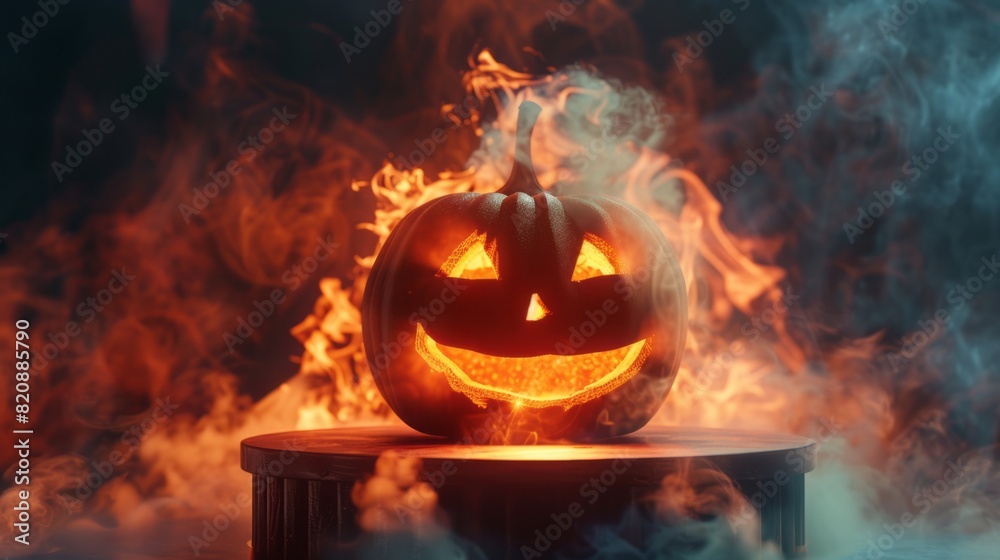 empty podium with FIRE background. smokey and fire. halloween pumpkin empty podium with FIRE background. smokey and fire. halloween pumpkin