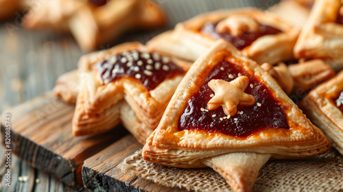 Tasty hamantaschen for Purim holiday on board closeup