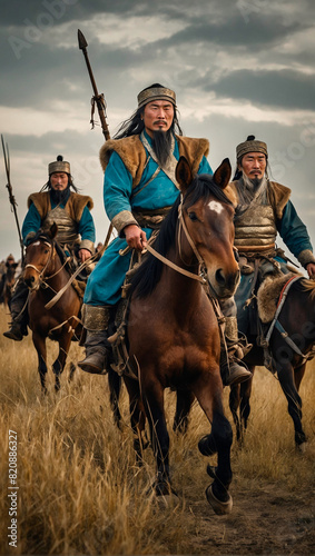 Mongolian warriors of the Golden Horde on the Asian plain. AI generated illustration.  photo