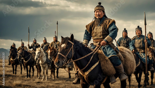 Mongolian warriors of the Golden Horde on the Asian plain. AI generated illustration. 