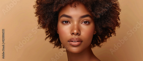 beautiful portrait of black brown woman model with natural face, afro shining curly hair, skin care and cosmetics on brown studio background