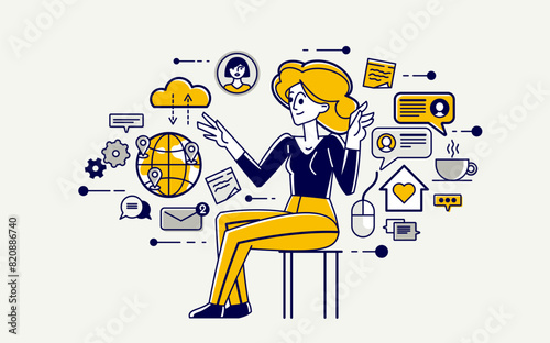 Freelance work on internet, young person freelancer doing some online job and messaging and chatting, self-employed creative worker.