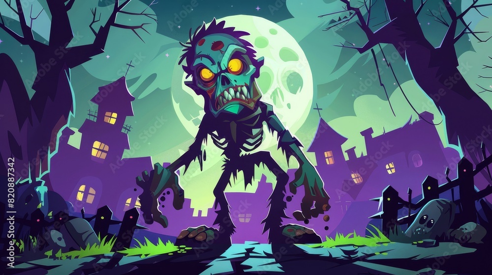 'Zombie walking at midnight' Halloween scene with creepy dead character emerging from the grave. Cartoon eerie character with open brain, green skin, big eyes and open mouth, modern illustration. 'Zombie walking at midnight' Halloween scene with creepy dead character emerging from the grave. Cartoon eerie character with open brain, green skin, big eyes and open mouth, modern illustration.