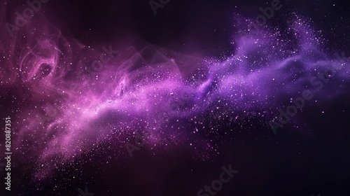 A purple magic dust cloud with glitter and sparkles  round powder smoke  holi paints in violet color  dye splashes  mystic haze on black background. A realistic illustration in 3D modern format.