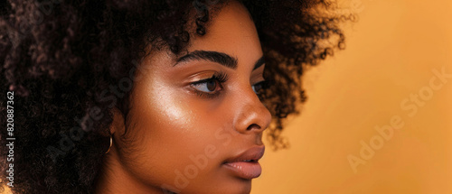 beautiful portrait of black brown woman model with natural face, afro shining curly hair, skin care and cosmetics on brown studio background created with Generative AI Technology