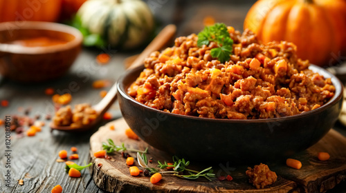 Minced meat with pumpkin in wooden bowl on wooden table. Blurred background