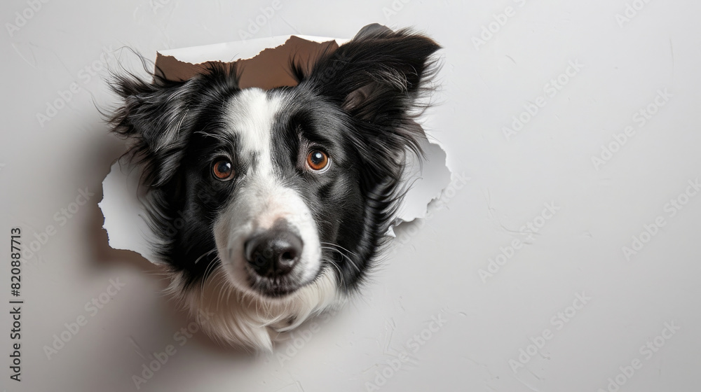 Adorable black white Border Collie dog puppy sticking his head out of hole in white paper isolated on plain white background Adorable black white Border Collie dog puppy sticking his head out of hole in white paper isolated on plain white background