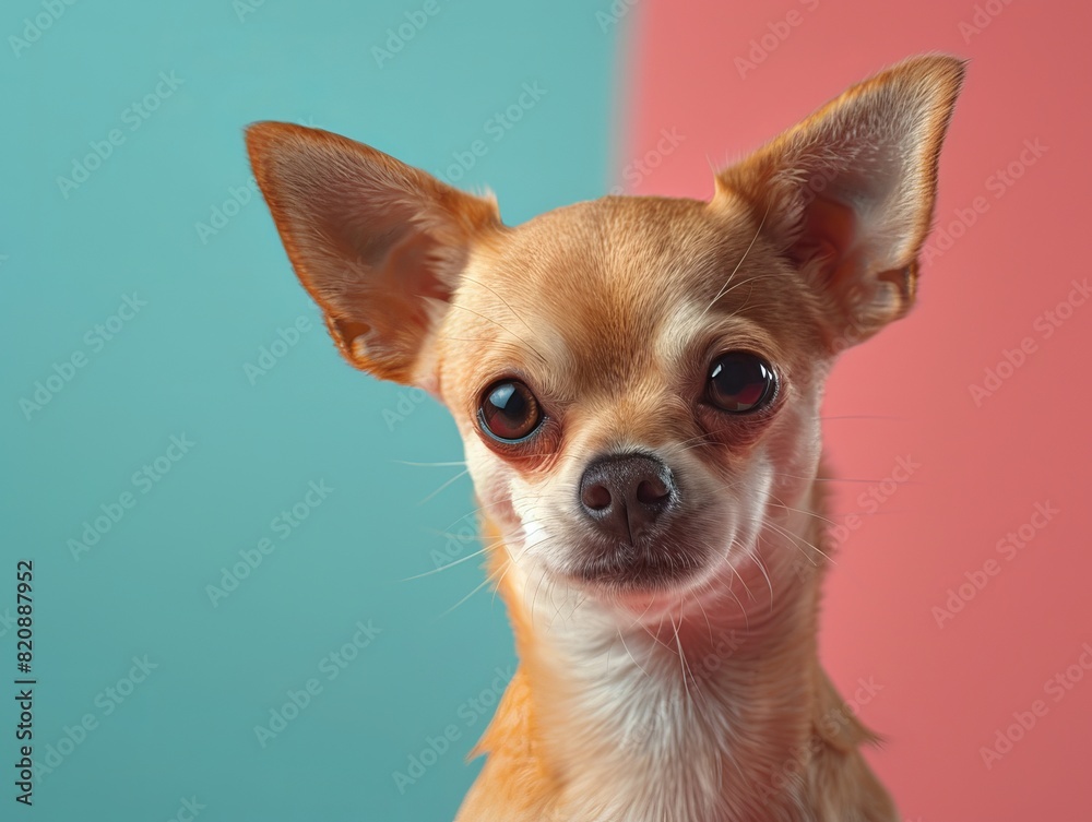 Close-up of a Chihuahua with a pink and blue background, showcasing adorable features and attentive ears. Close-up of a Chihuahua with a pink and blue background, showcasing adorable features and attentive ears.