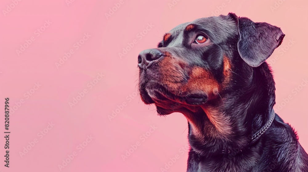 Close-up portrait of a Rottweiler dog against a pink background. The dog looks curious and alert. Close-up portrait of a Rottweiler dog against a pink background. The dog looks curious and alert.
