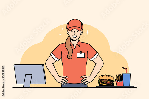 Woman fast food cafe worker stands near cash register with monitor and tray with hamburger and drinks. Girl student works part-time in fast food restaurant after college to earn money for holidays.