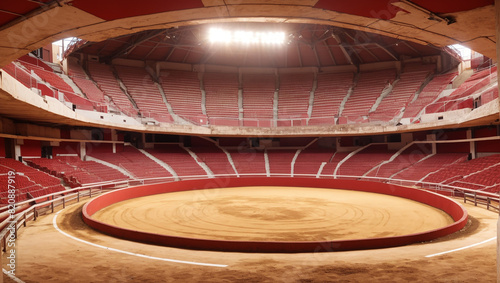 The  bullring seats are red and the arena is made of sand.