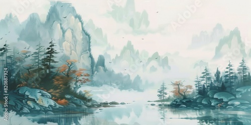Meticulous landscape painting, low saturation, white background photo