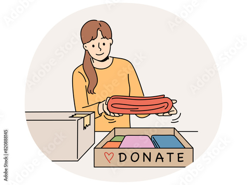 Smiling woman pack clothes in boxes to give for donation or charity. Kind happy girl donate apparel to needy poor people. Volunteering. Vector illustration.